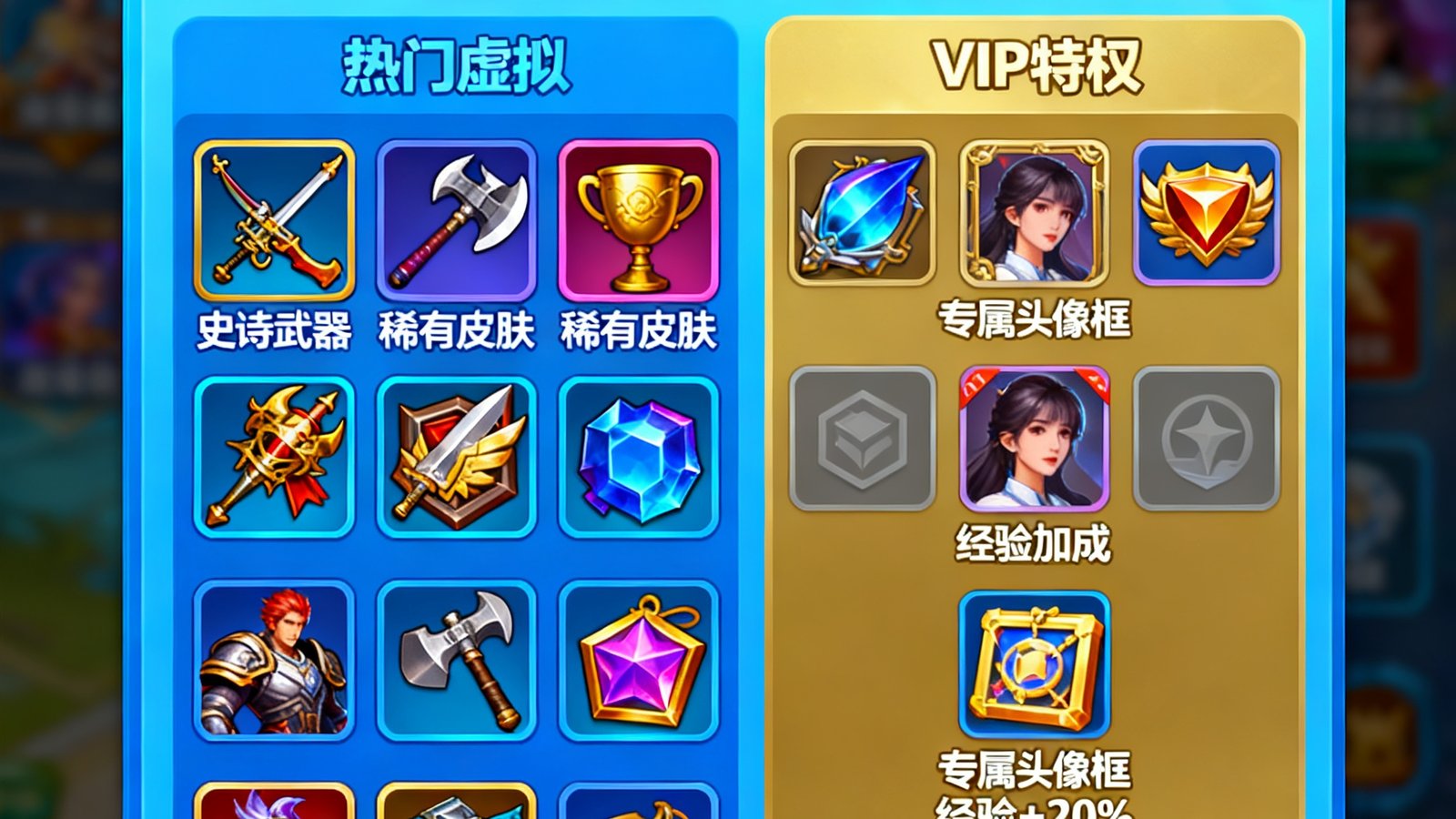 游戏商城主页展示热门虚拟道具和VIP特权,包括专属框、经验加成等