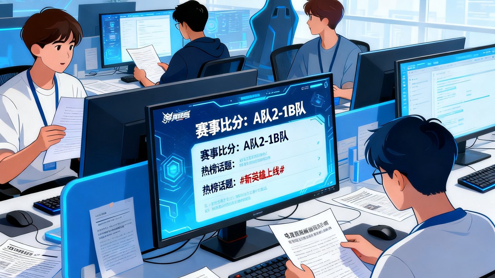 游戏资讯编辑团队正在整理最新的电竞新闻和版本更新公告，屏幕上有赛事比分和热榜话题