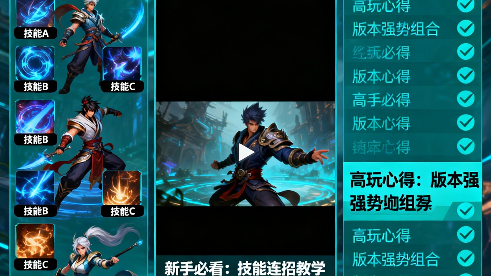 游戏攻略页面展示角色技能搭配图，旁边是视频教程和玩家经验分享列表