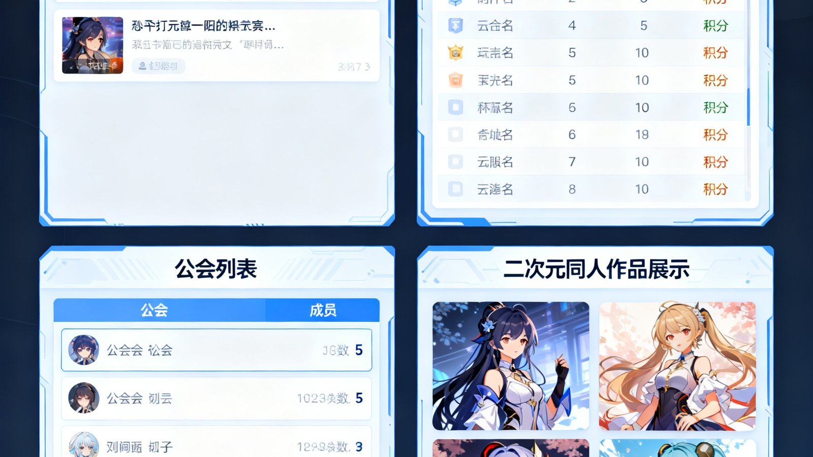 玩家社区界面包括论坛热帖、积分排行榜、公会列表和二次元同人作品展示